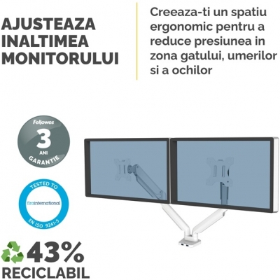 Brat pentru monitor dual individual, culoare alb, seria Platinum Fellowes